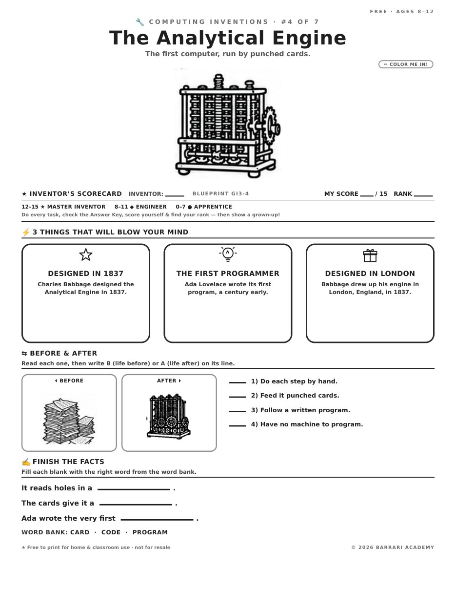 The free The Analytical Engine worksheet — fun facts and activities
