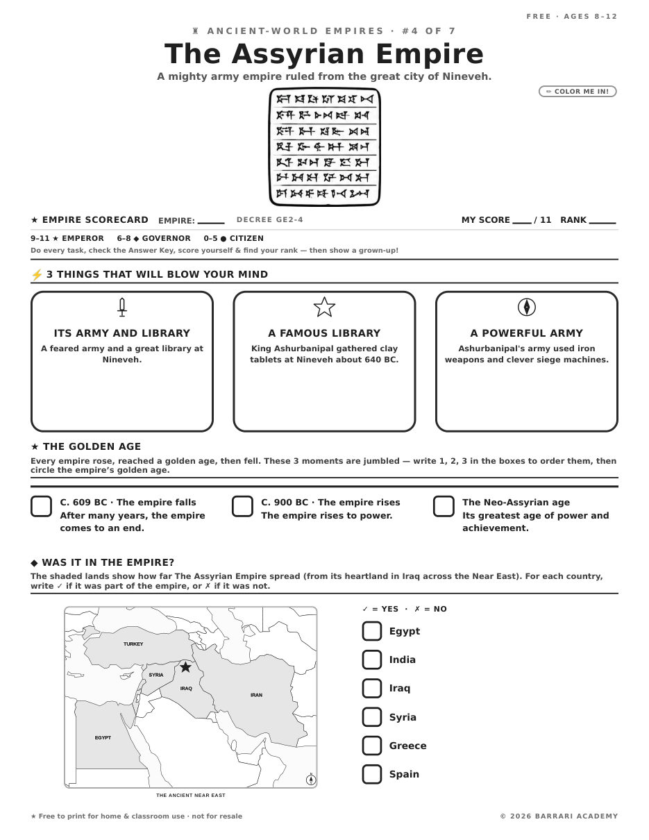 The free The Assyrian Empire worksheet — fun facts and activities