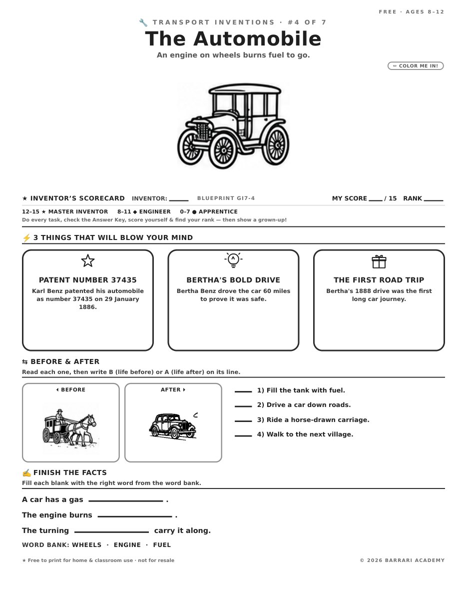 The free The Automobile worksheet — fun facts and activities