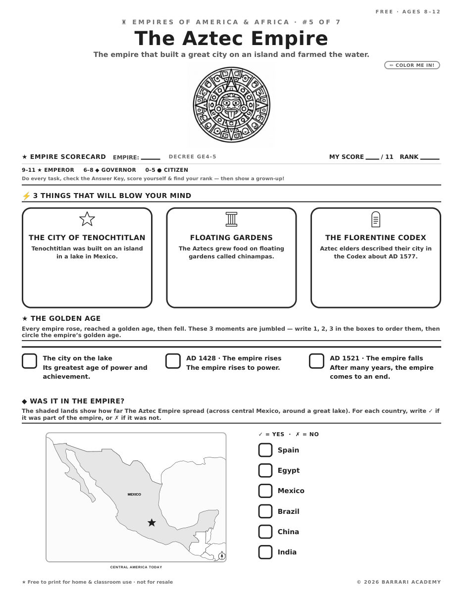 The free The Aztec Empire worksheet — fun facts and activities