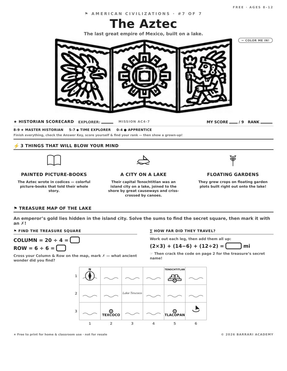 The free The Aztec worksheet — fun facts and activities
