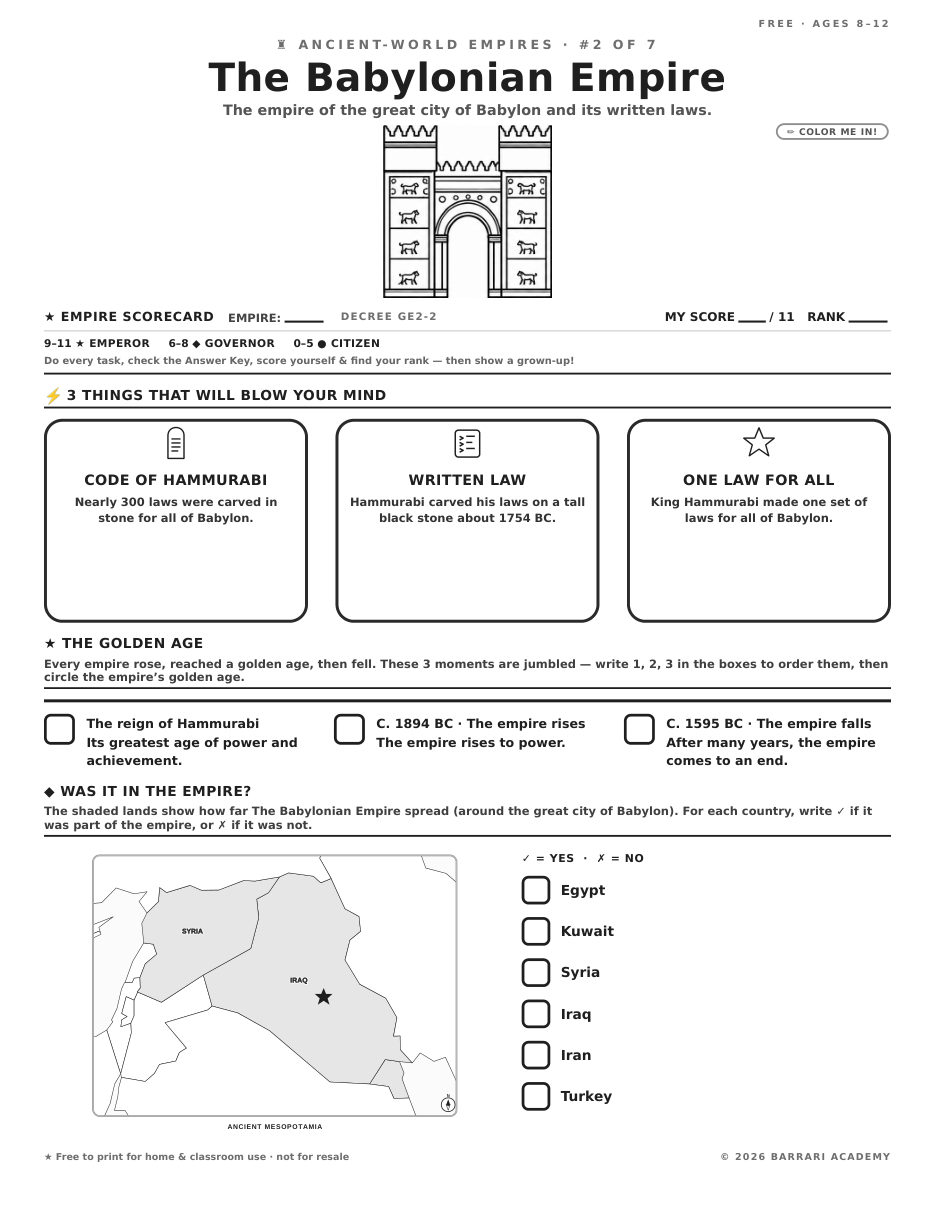 The free The Babylonian Empire worksheet — fun facts and activities
