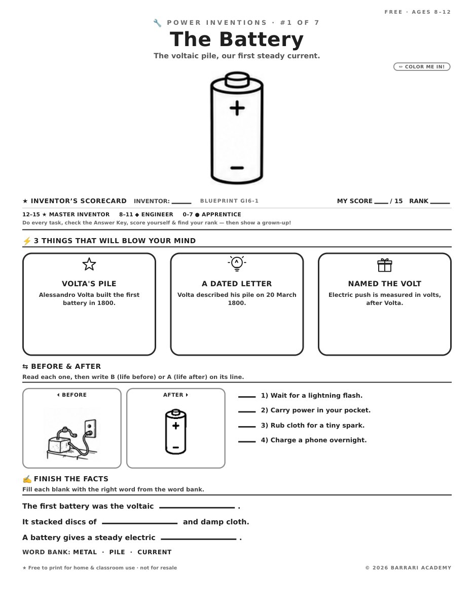The free The Battery worksheet — fun facts and activities