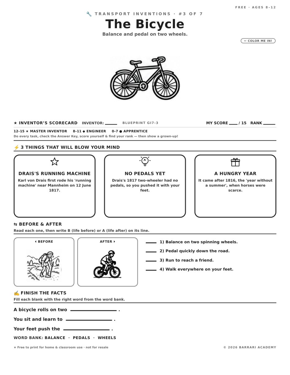 The free The Bicycle worksheet — fun facts and activities