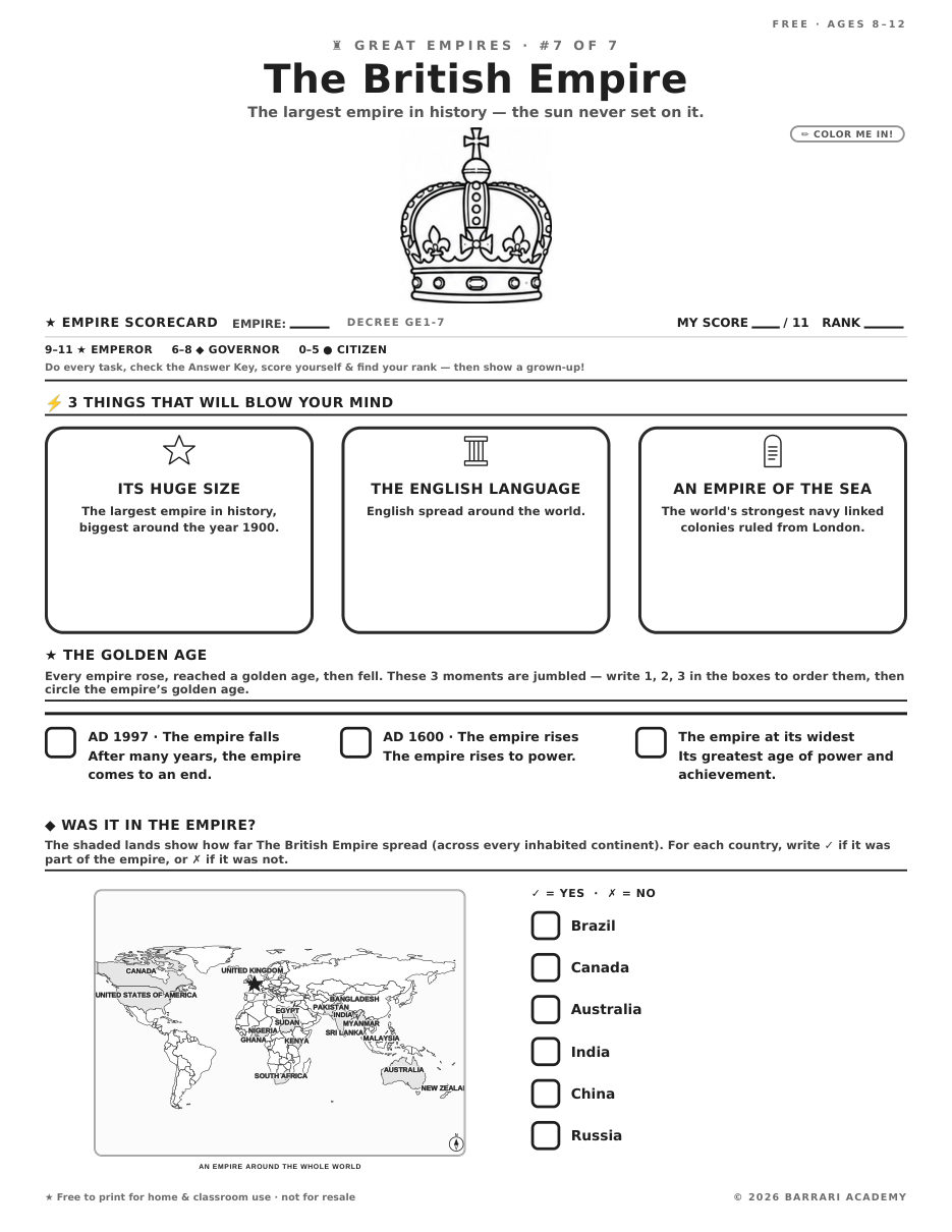 The free The British Empire worksheet — fun facts and activities