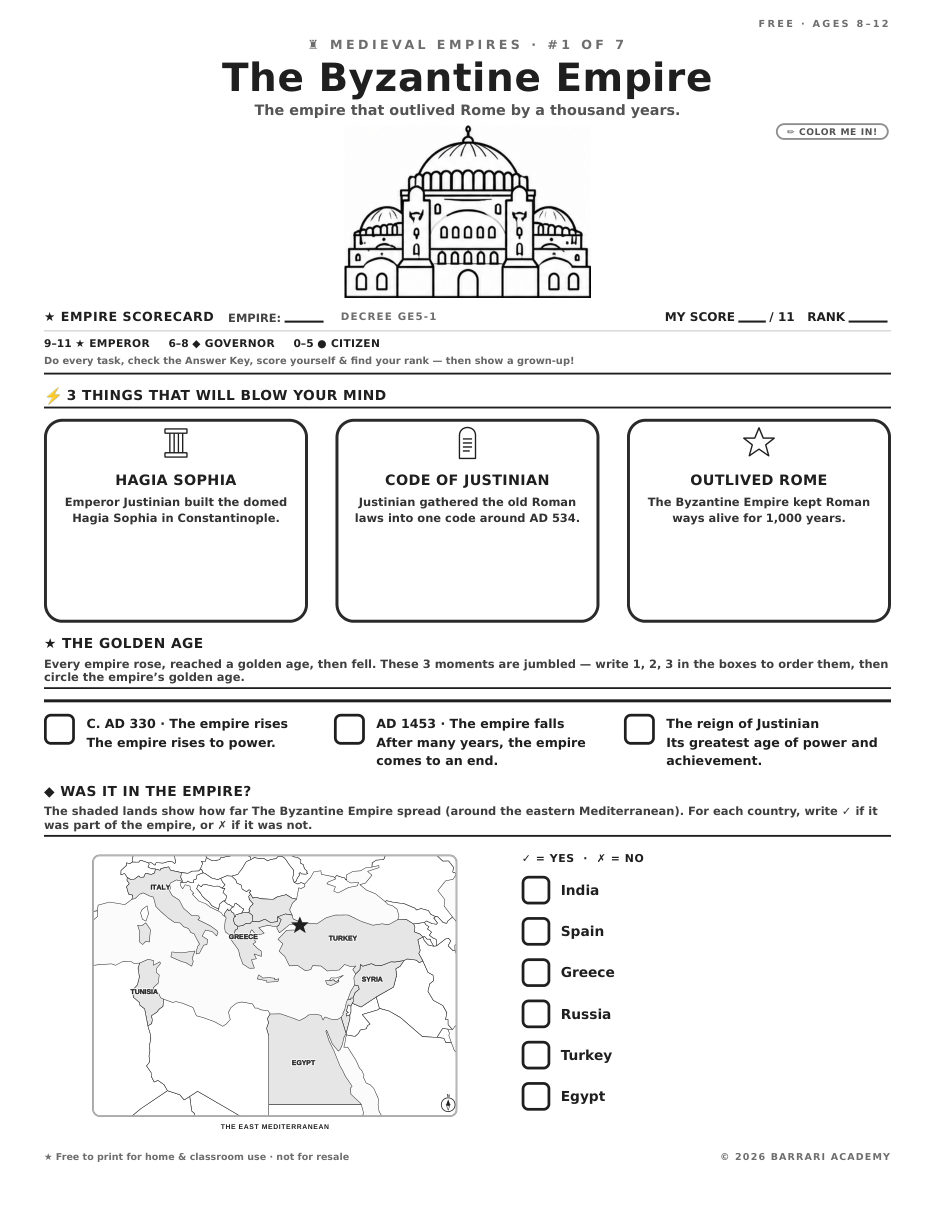 The free The Byzantine Empire worksheet — fun facts and activities