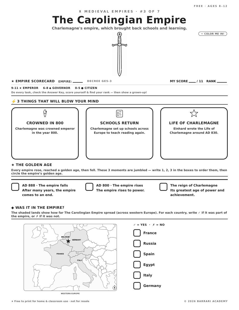 The free The Carolingian Empire worksheet — fun facts and activities