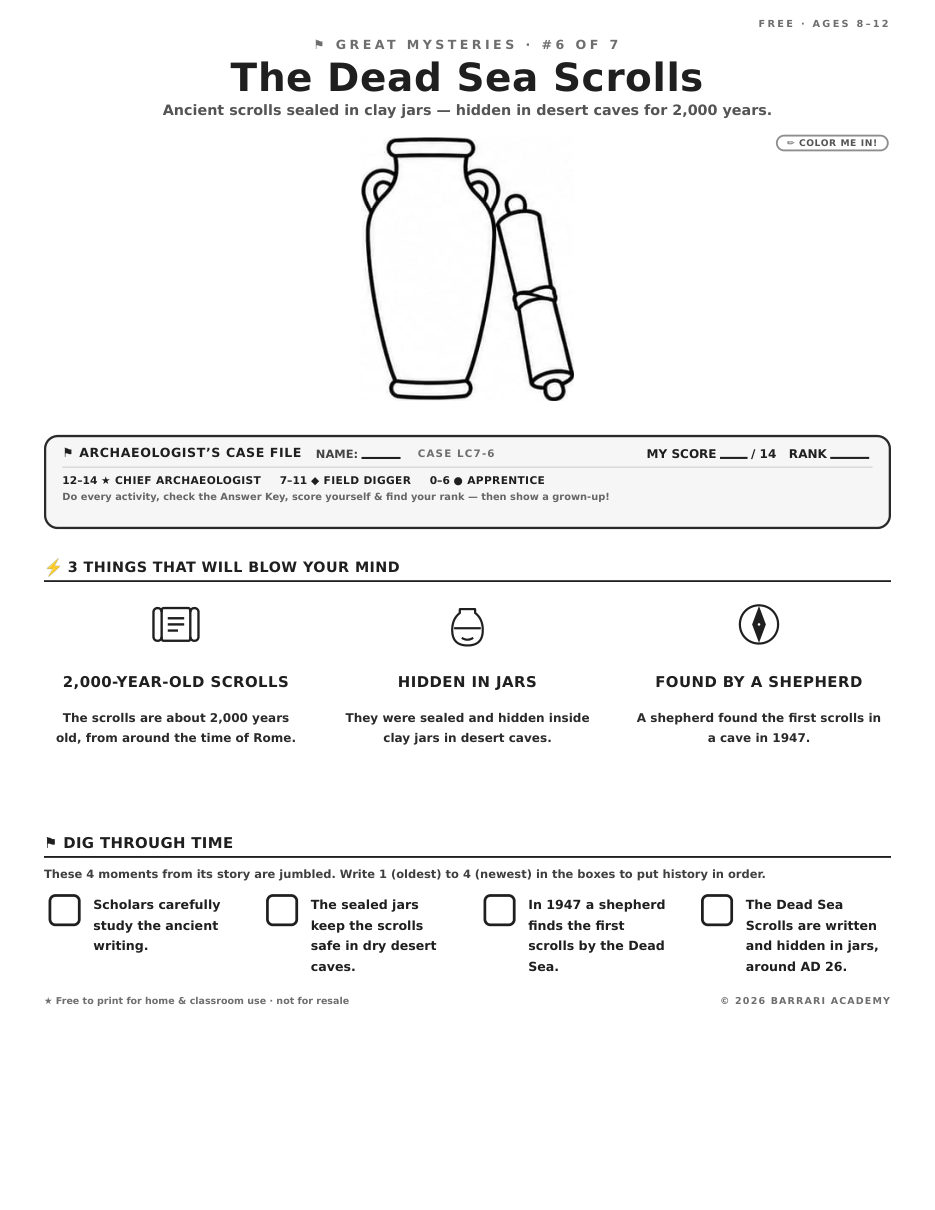 The free The Dead Sea Scrolls worksheet — fun facts and activities