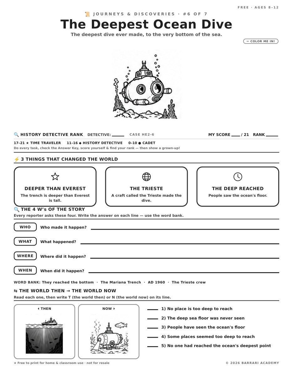 The free The Deepest Ocean Dive worksheet — fun facts and activities