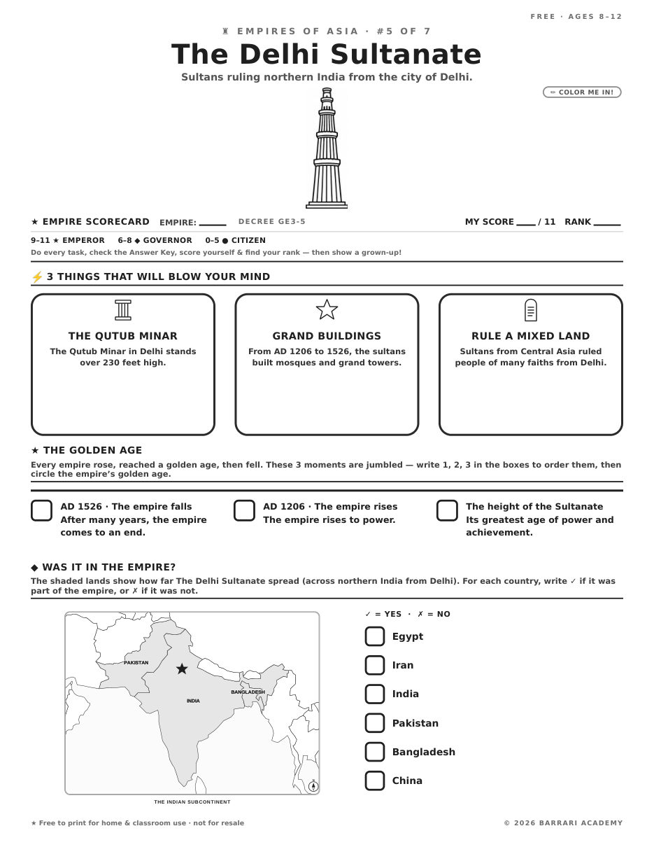The free The Delhi Sultanate worksheet — fun facts and activities