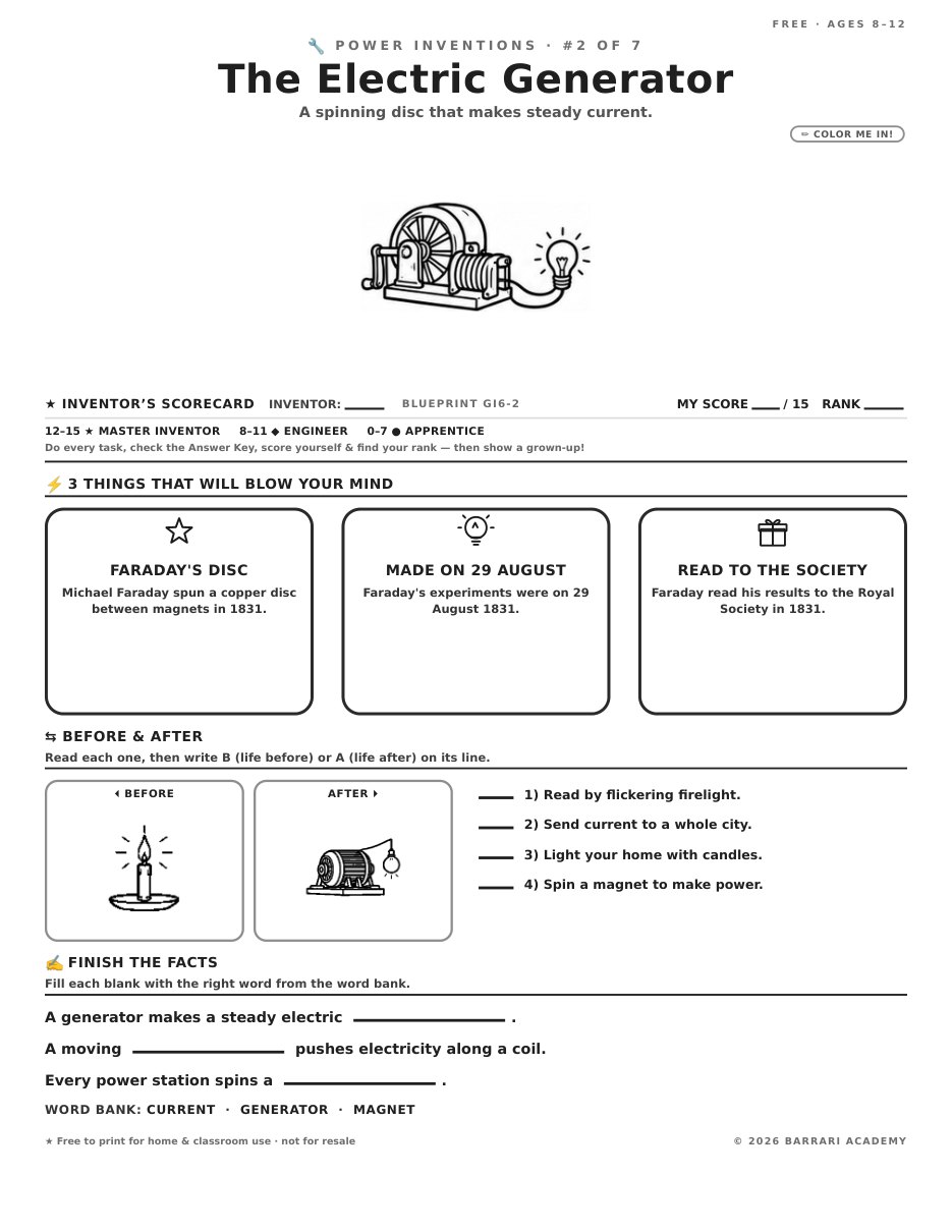 The free The Electric Generator worksheet — fun facts and activities