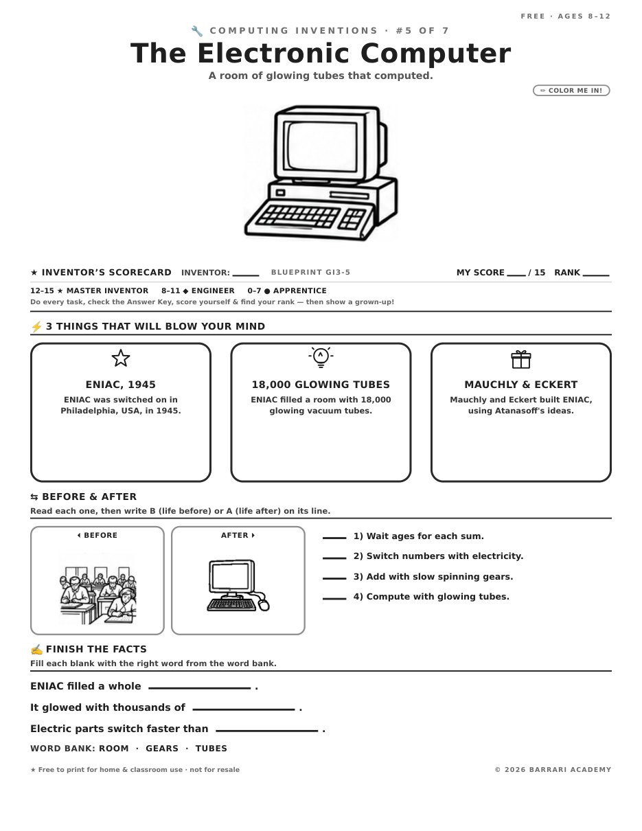 The free The Electronic Computer worksheet — fun facts and activities