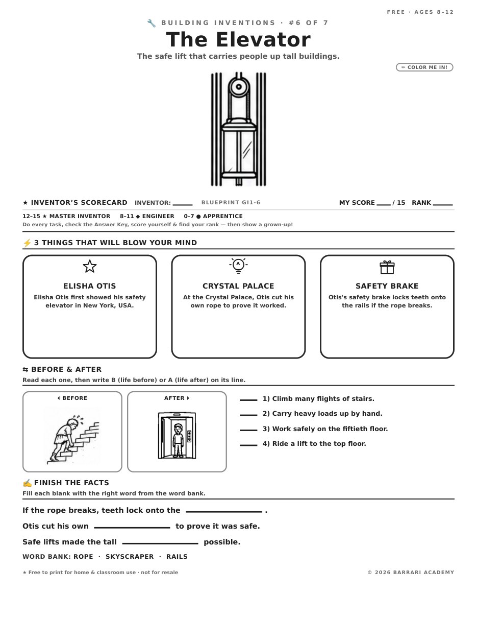 The free The Elevator worksheet — fun facts and activities
