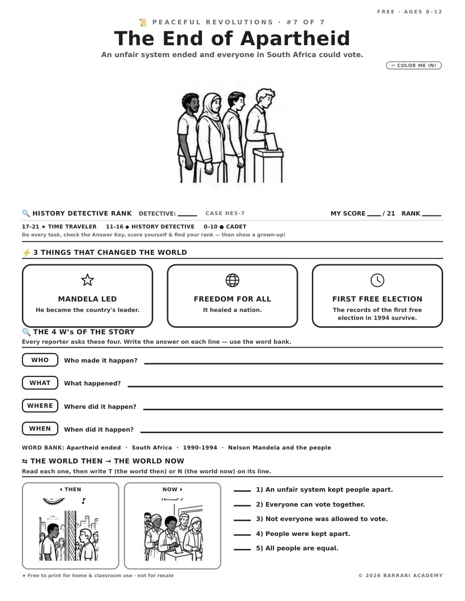 The free The End of Apartheid worksheet — fun facts and activities
