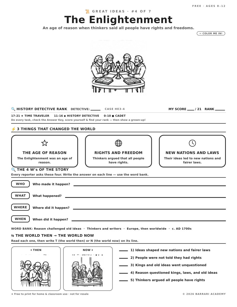 The free The Enlightenment worksheet — fun facts and activities