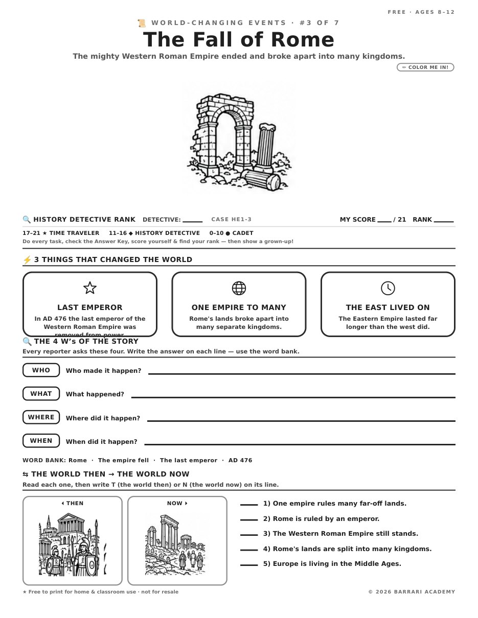 The free The Fall of Rome worksheet — fun facts and activities
