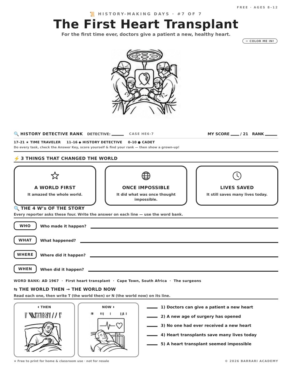 The free The First Heart Transplant worksheet — fun facts and activities