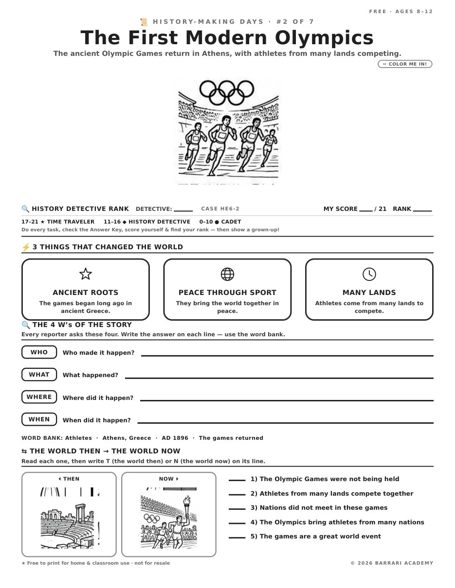 The free The First Modern Olympics worksheet — fun facts and activities