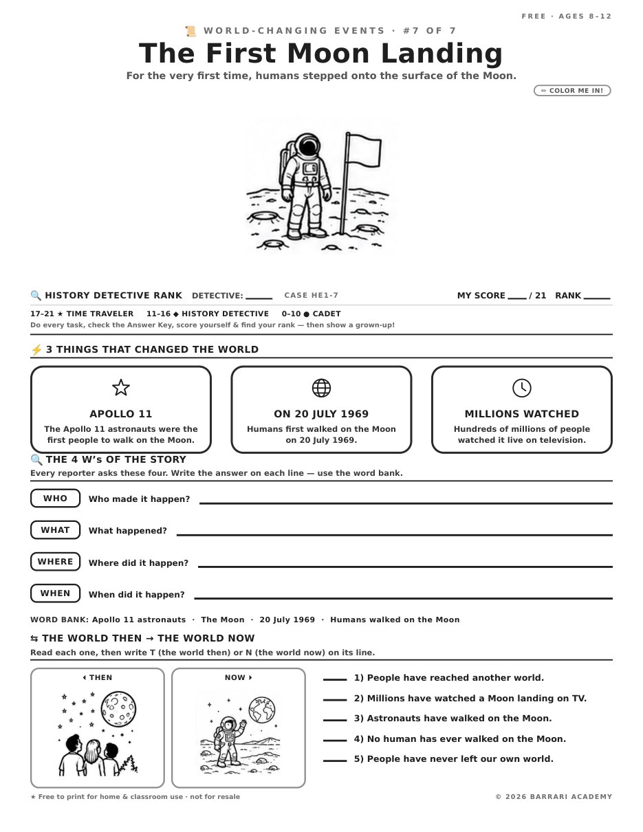 The free The First Moon Landing worksheet — fun facts and activities