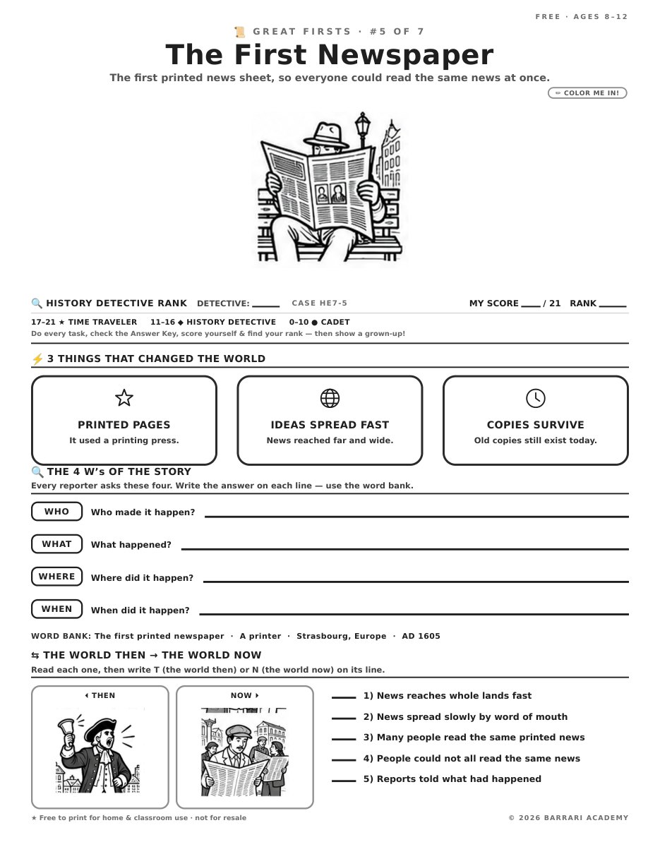 The free The First Newspaper worksheet — fun facts and activities