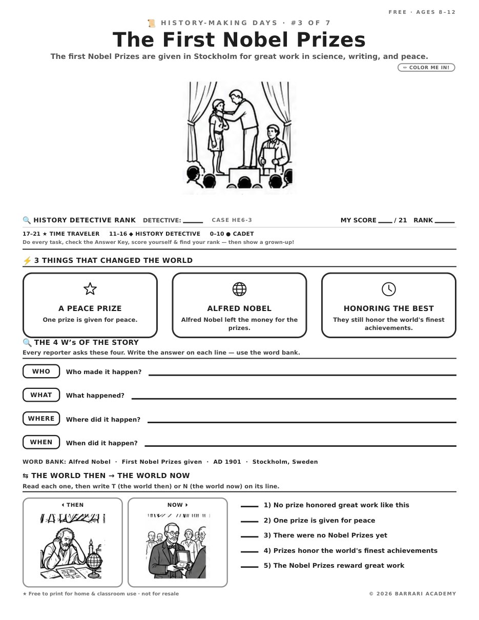 The free The First Nobel Prizes worksheet — fun facts and activities