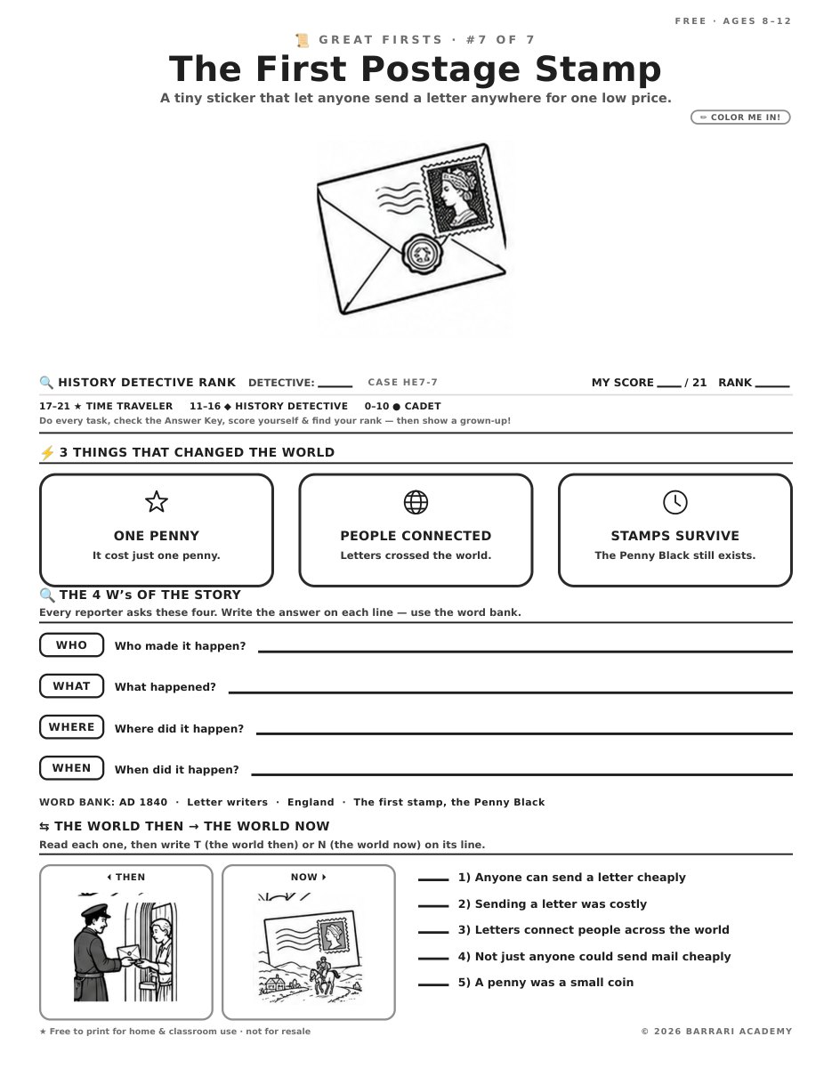 The free The First Postage Stamp worksheet — fun facts and activities