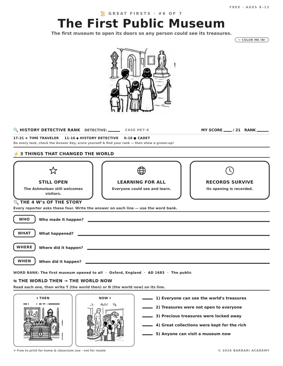 The free The First Public Museum worksheet — fun facts and activities
