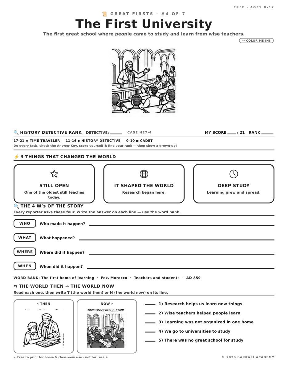 The free The First University worksheet — fun facts and activities