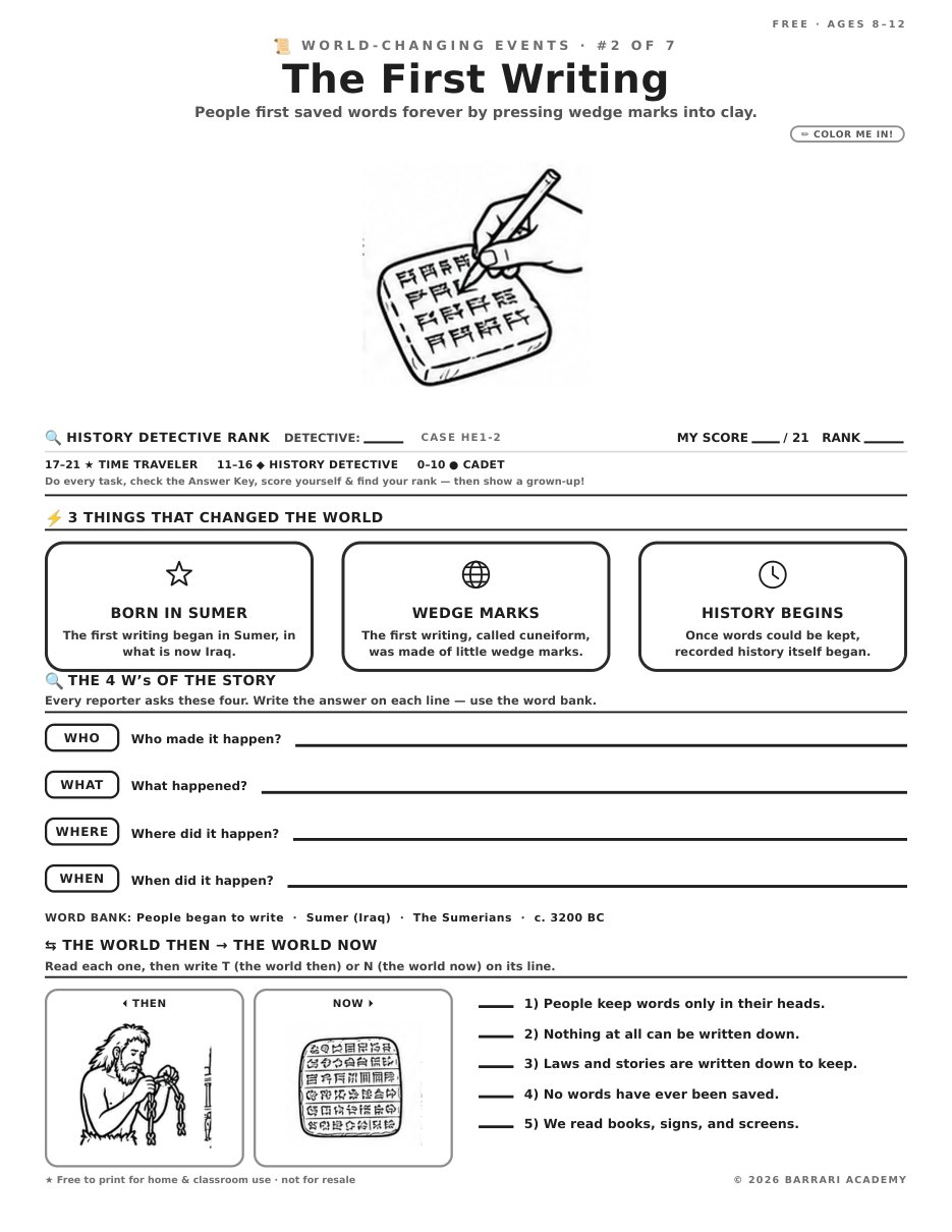 The free The First Writing worksheet — fun facts and activities