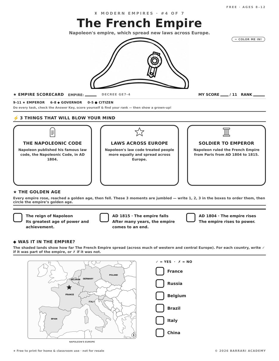 The free The French Empire worksheet — fun facts and activities