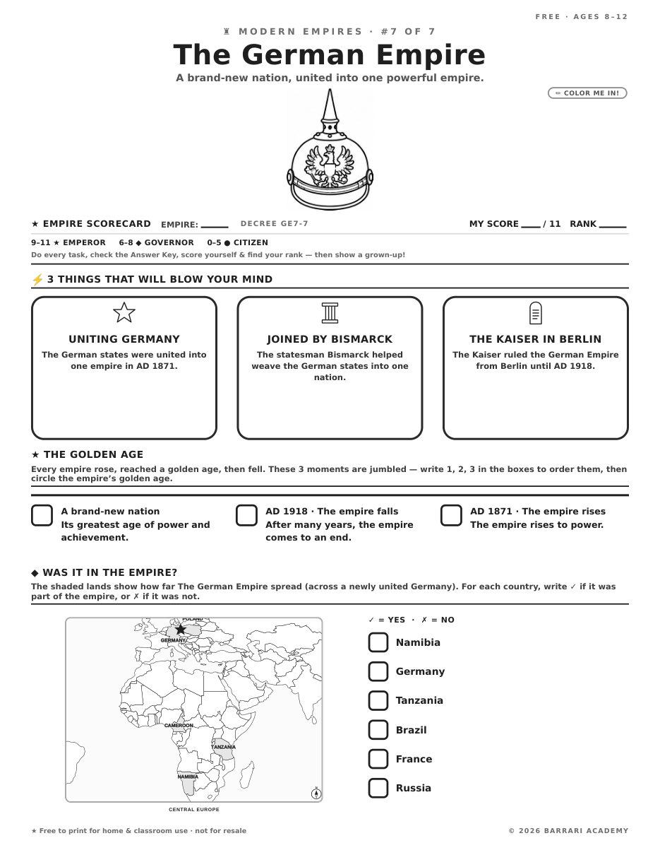The free The German Empire worksheet — fun facts and activities