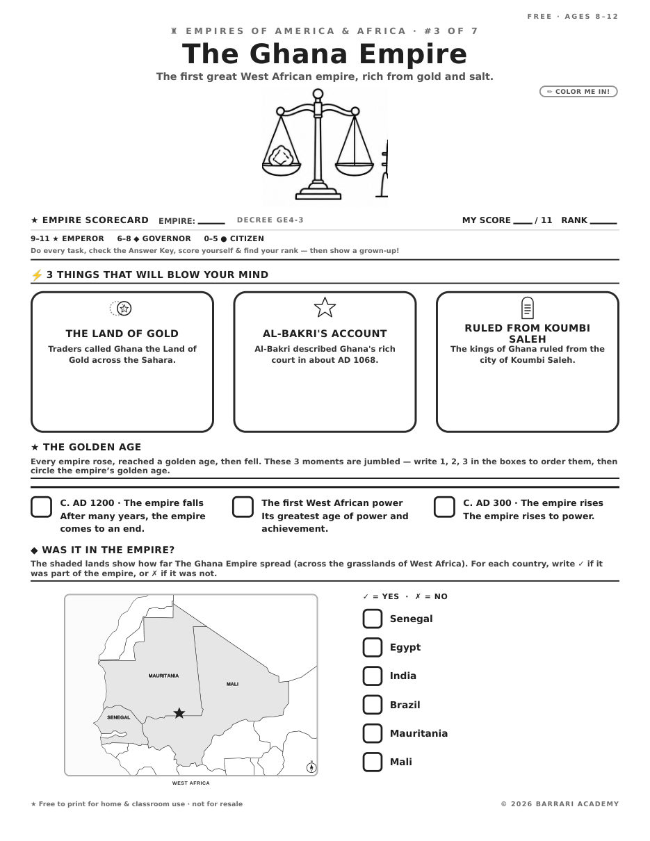 The free The Ghana Empire worksheet — fun facts and activities