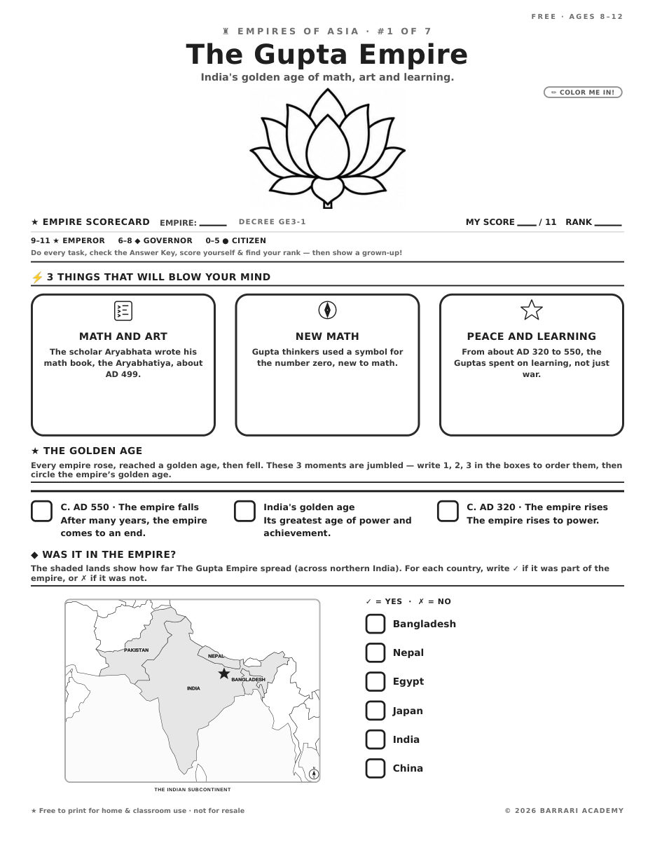 The free The Gupta Empire worksheet — fun facts and activities