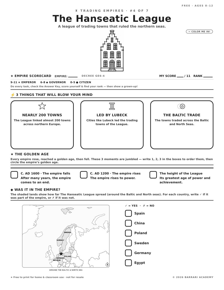 The free The Hanseatic League worksheet — fun facts and activities