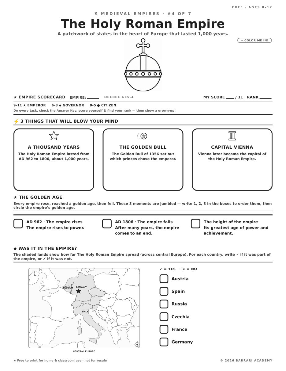 The free The Holy Roman Empire worksheet — fun facts and activities
