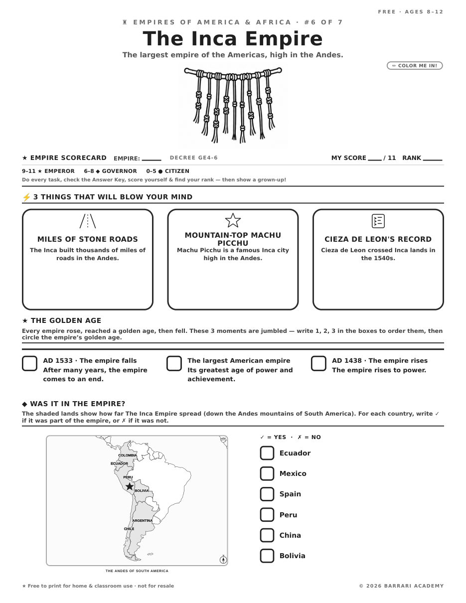 The free The Inca Empire worksheet — fun facts and activities