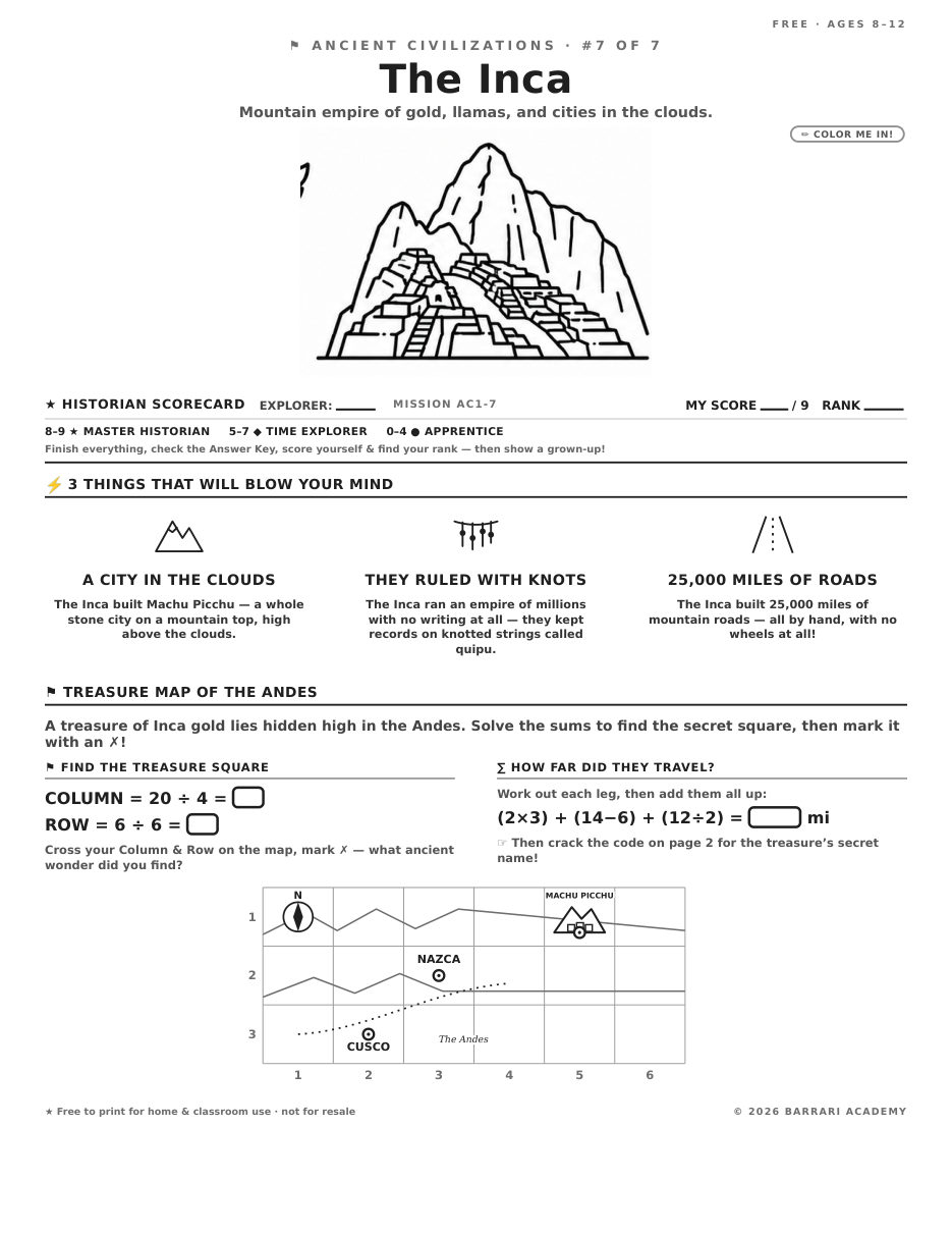 The free The Inca worksheet — fun facts and activities