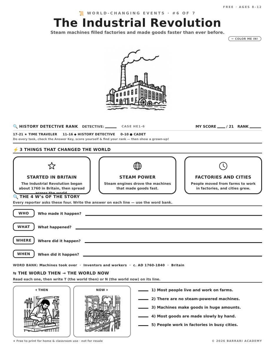 The free The Industrial Revolution worksheet — fun facts and activities