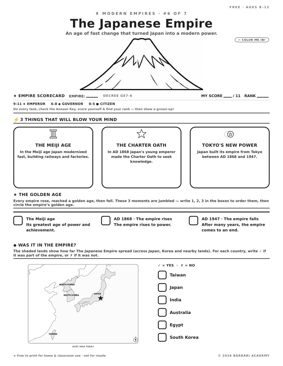 The free The Japanese Empire worksheet — fun facts and activities