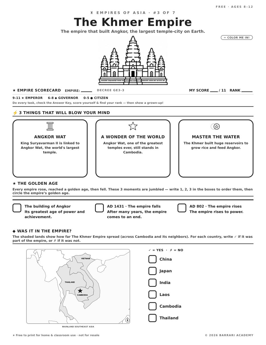 The free The Khmer Empire worksheet — fun facts and activities