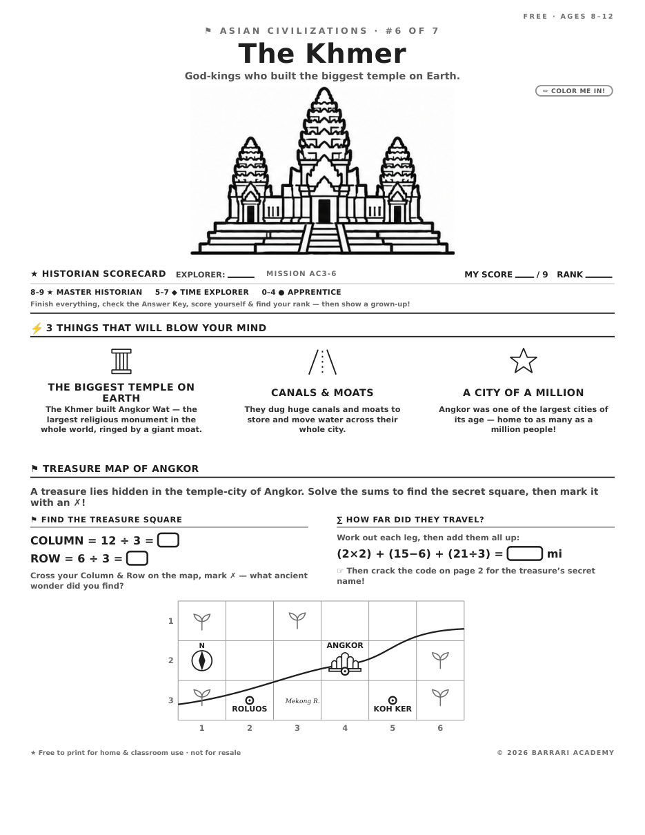 The free The Khmer worksheet — fun facts and activities