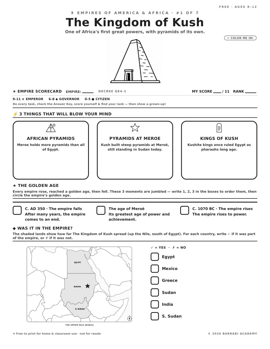 The free The Kingdom of Kush worksheet — fun facts and activities