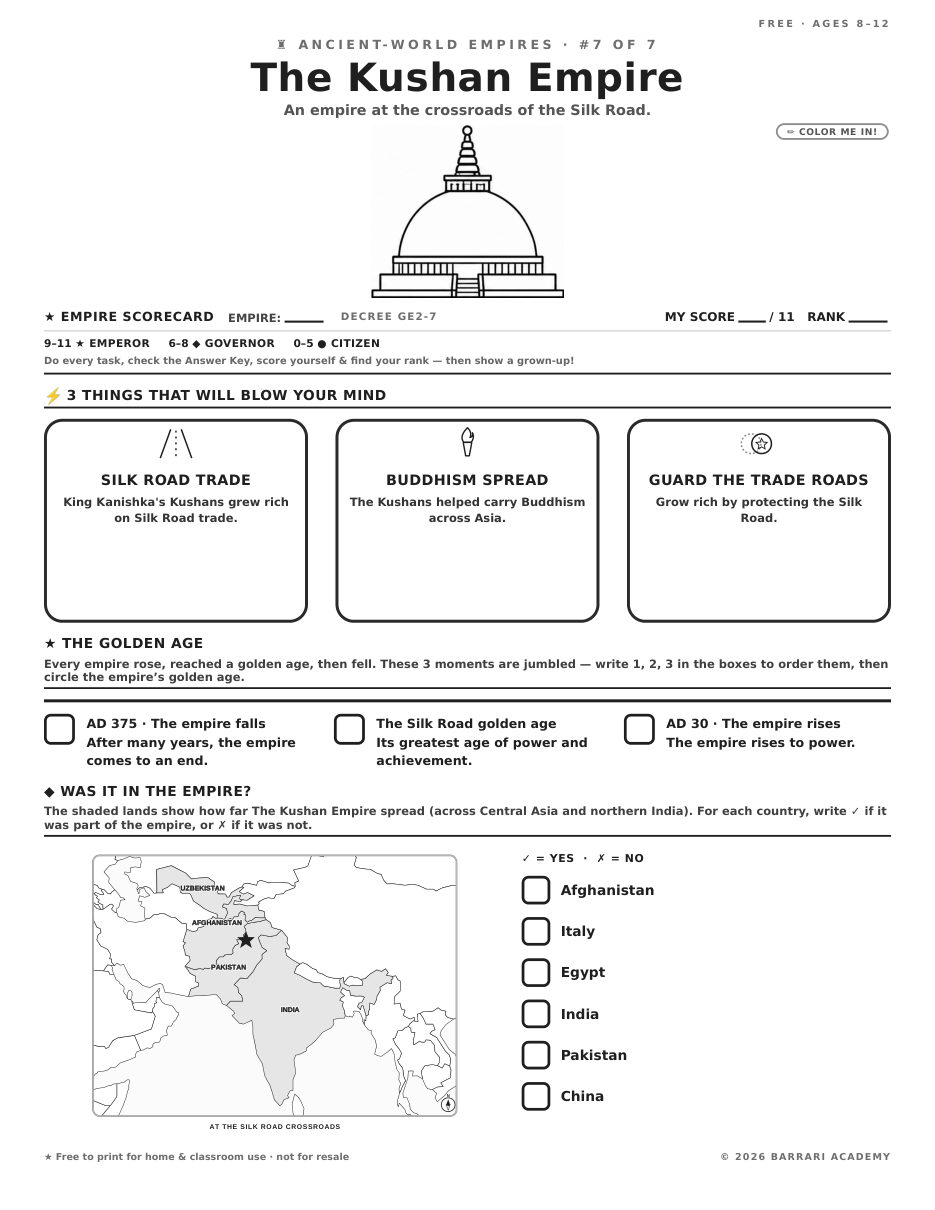 The free The Kushan Empire worksheet — fun facts and activities