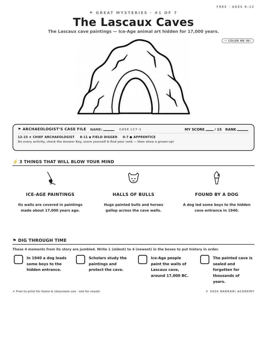 The free The Lascaux Caves worksheet — fun facts and activities
