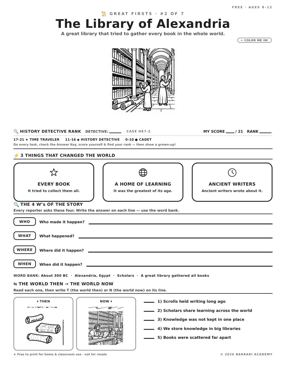 The free The Library of Alexandria worksheet — fun facts and activities