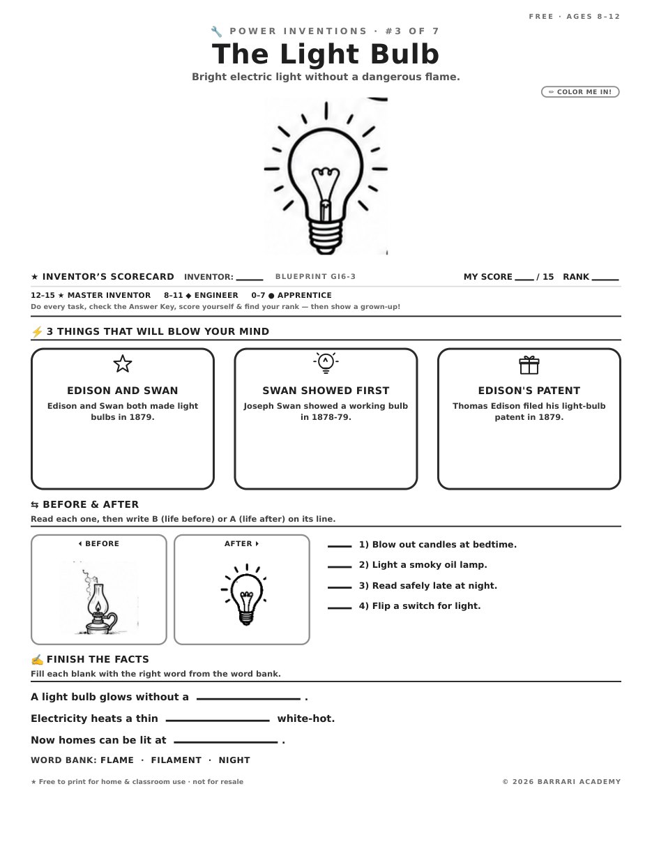 The free The Light Bulb worksheet — fun facts and activities