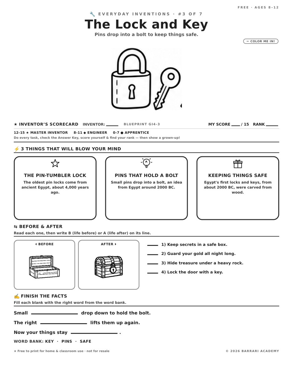 The free The Lock and Key worksheet — fun facts and activities