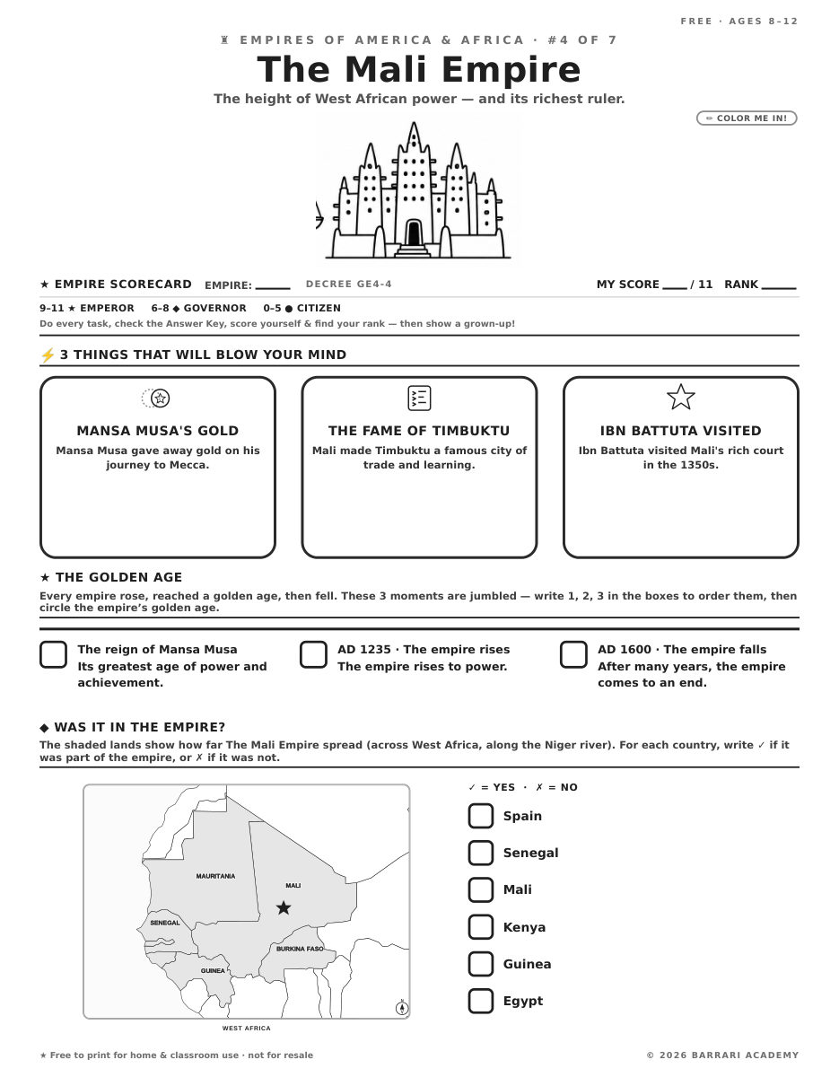 The free The Mali Empire worksheet — fun facts and activities