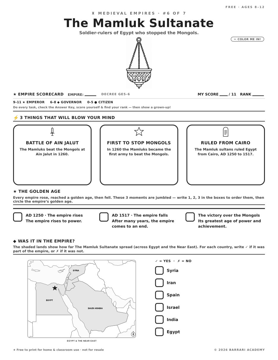 The free The Mamluk Sultanate worksheet — fun facts and activities
