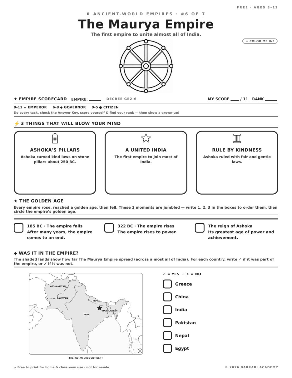 The free The Maurya Empire worksheet — fun facts and activities